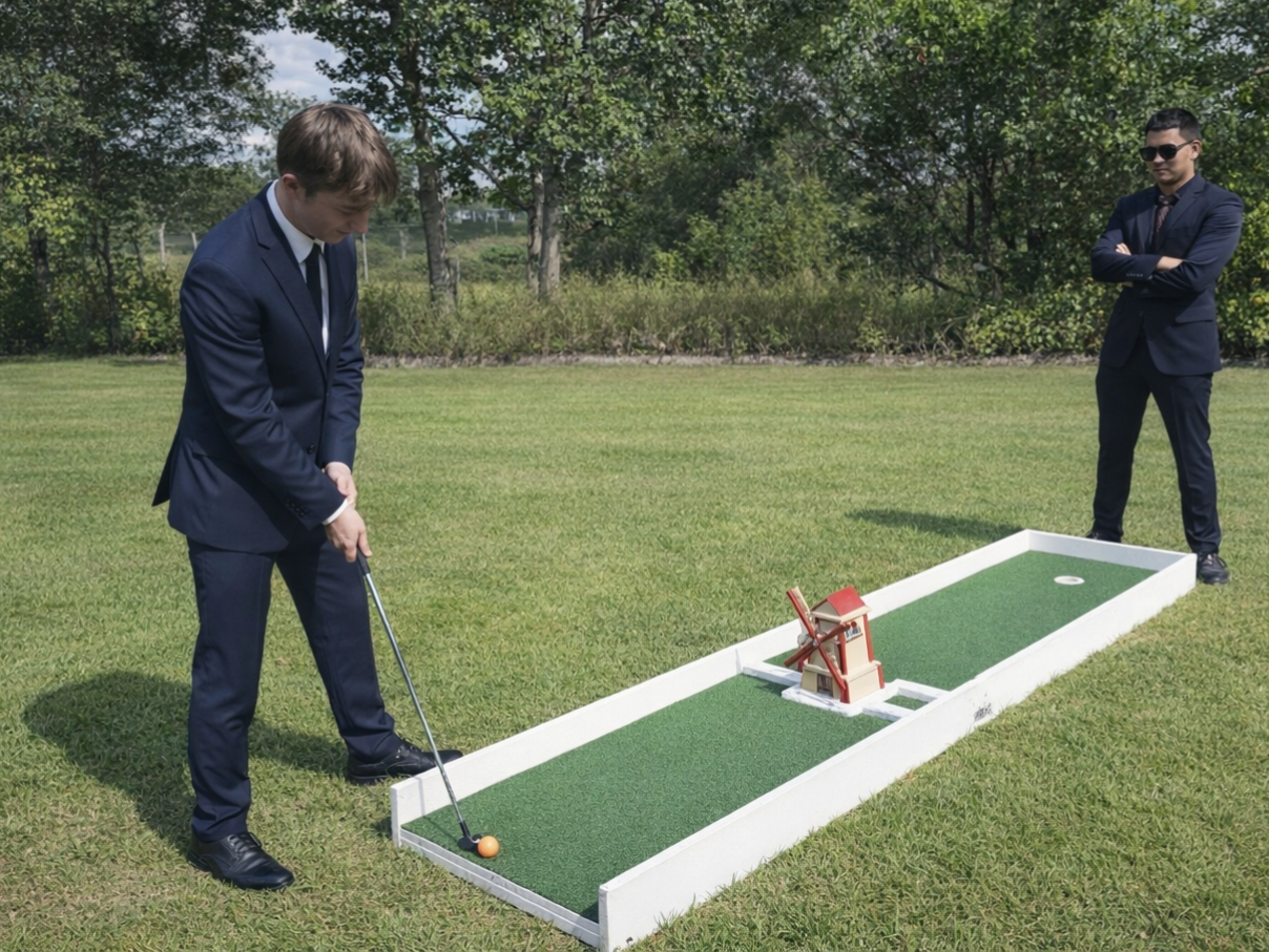 Young man in suit putting.